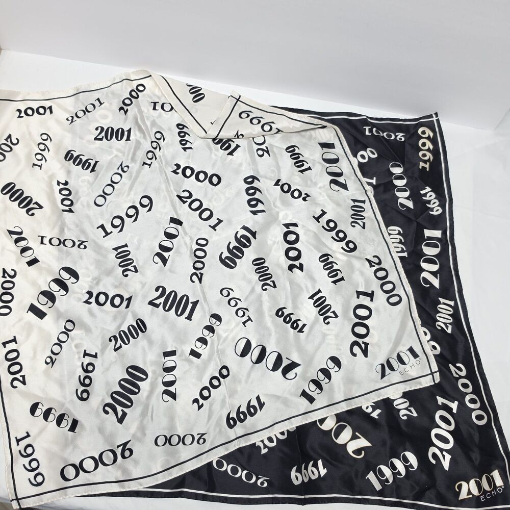 Vtg Echo 1999 2000 2001 Year Design Silk Scarf Set Square Black White 21x20" Y2K